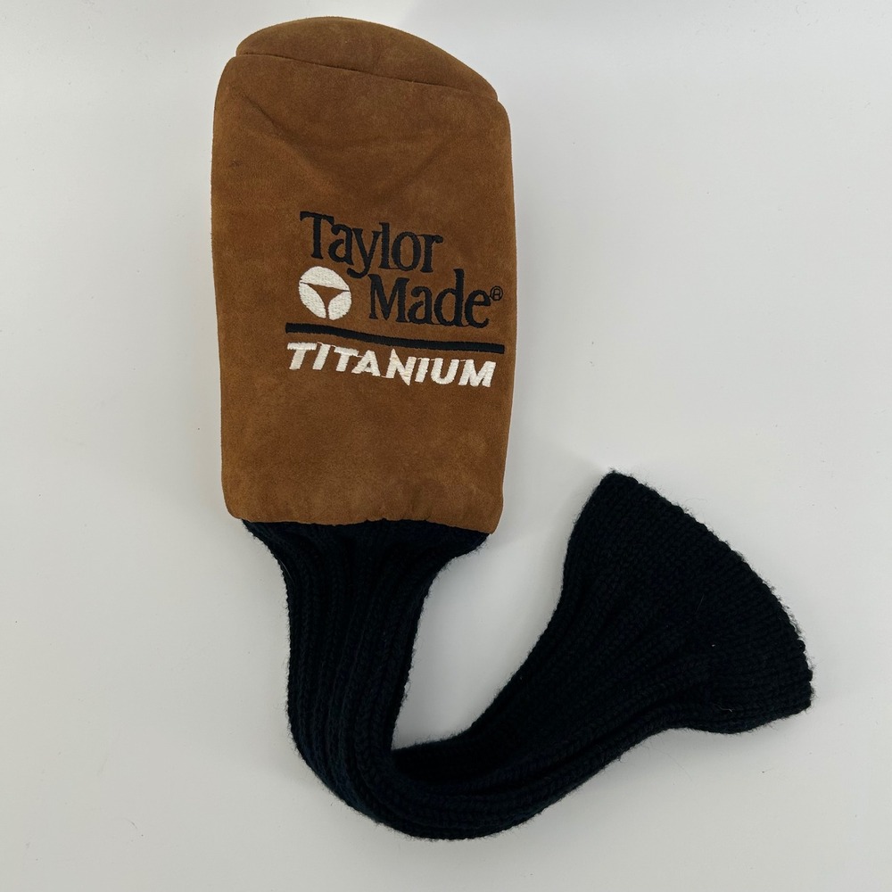 TaylorMade Titanium Golf Club Headcover Brown Faux Suede Black Knit Sock Vintage